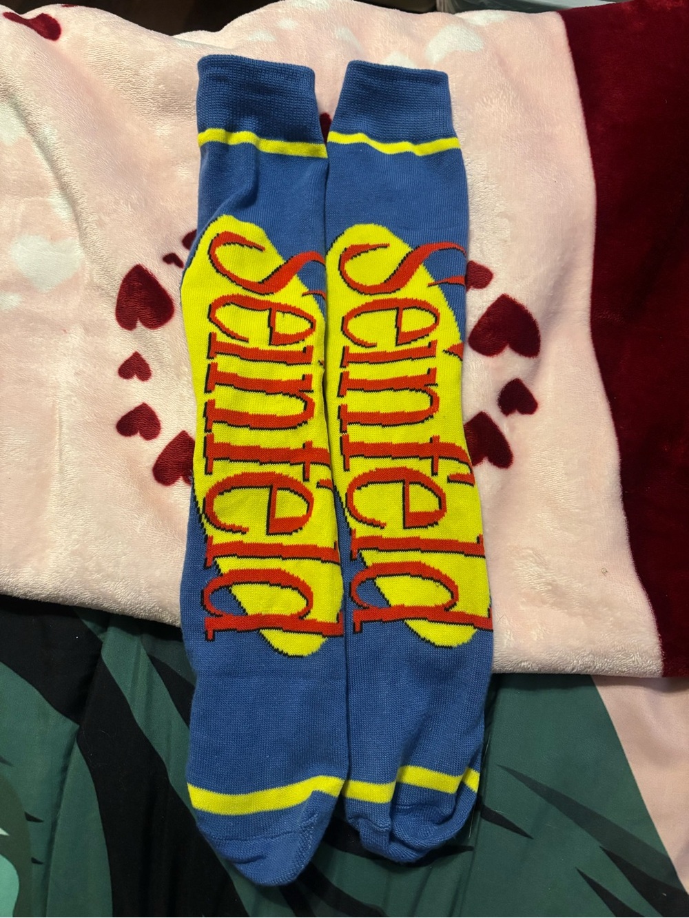 Blue & Yellow Graphic Socks with Red Text - Unbranded